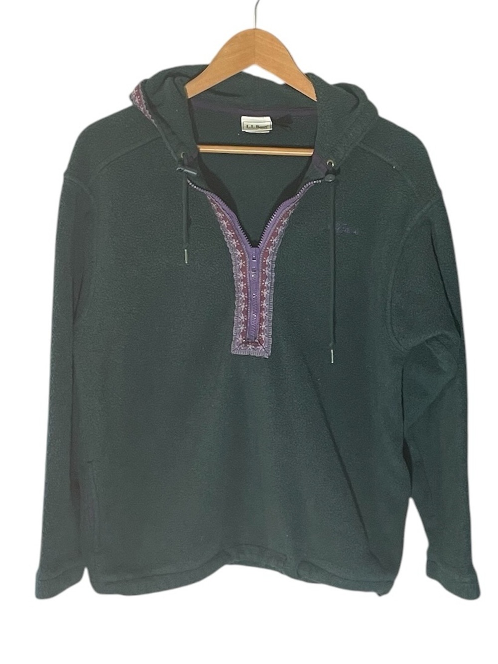 TT2- L.L. Bean Dark Green Hooded Fleece Pullover with Purple Trim